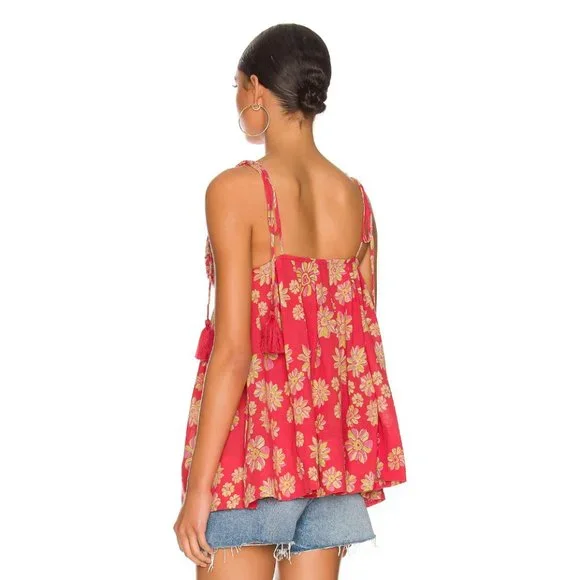 Free People Indigo Molly Tunic Tank Top Blouse Floral Boho Oversized Tie Tassel - Picture 2 of 14